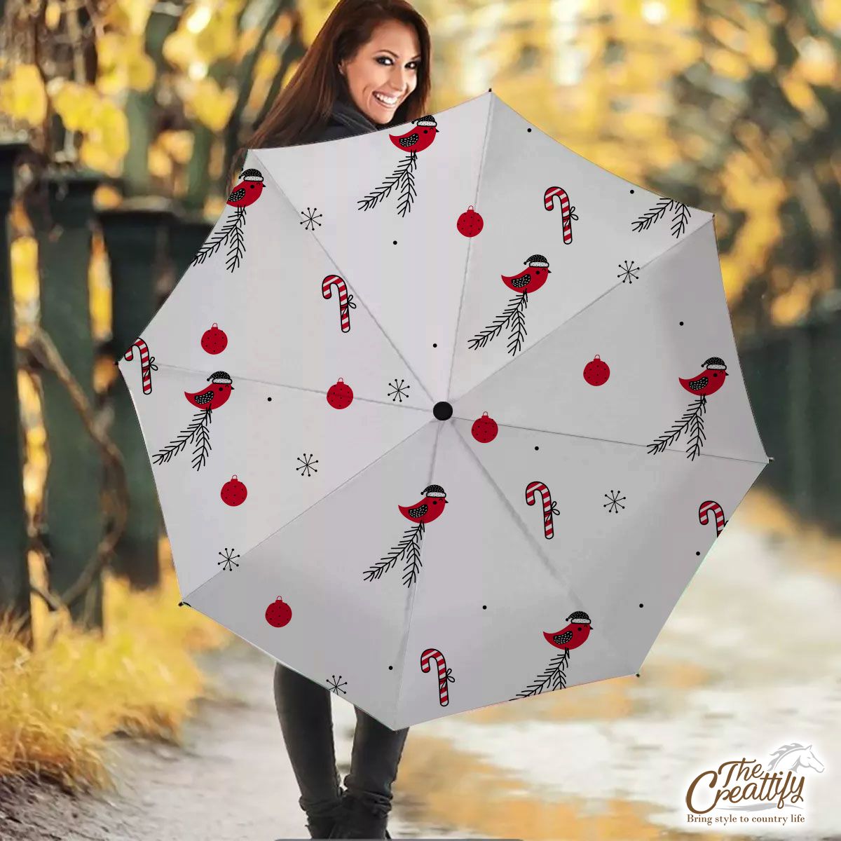 Cardinal Bird With Santa Hat, Candy Canes, Christmas Balls And Snowflake Clipart Seamless White Pattern Umbrella