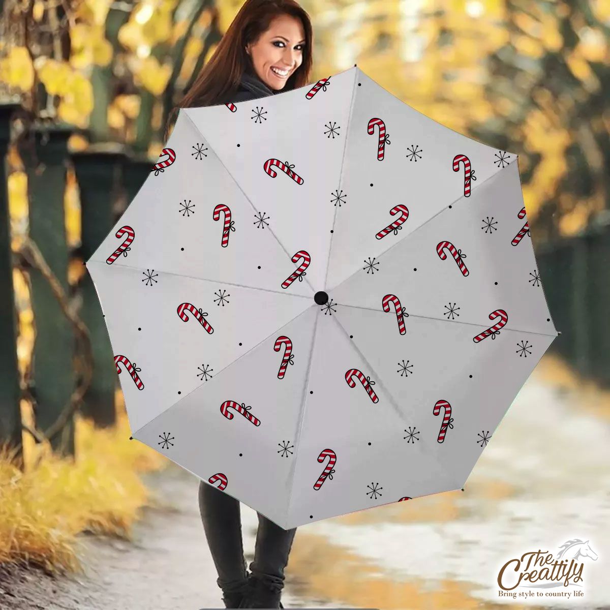 Hand Drawn Candy Canes, Snowflake Clipart Seamless White Pattern Umbrella