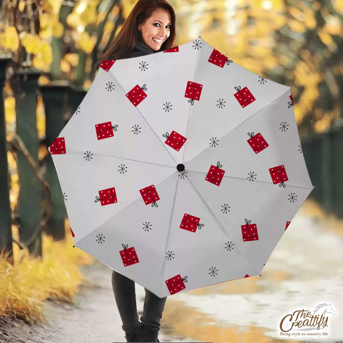 Hand Drawn Christmas Gifts, Snowflake Clipart Seamless White Pattern Umbrella