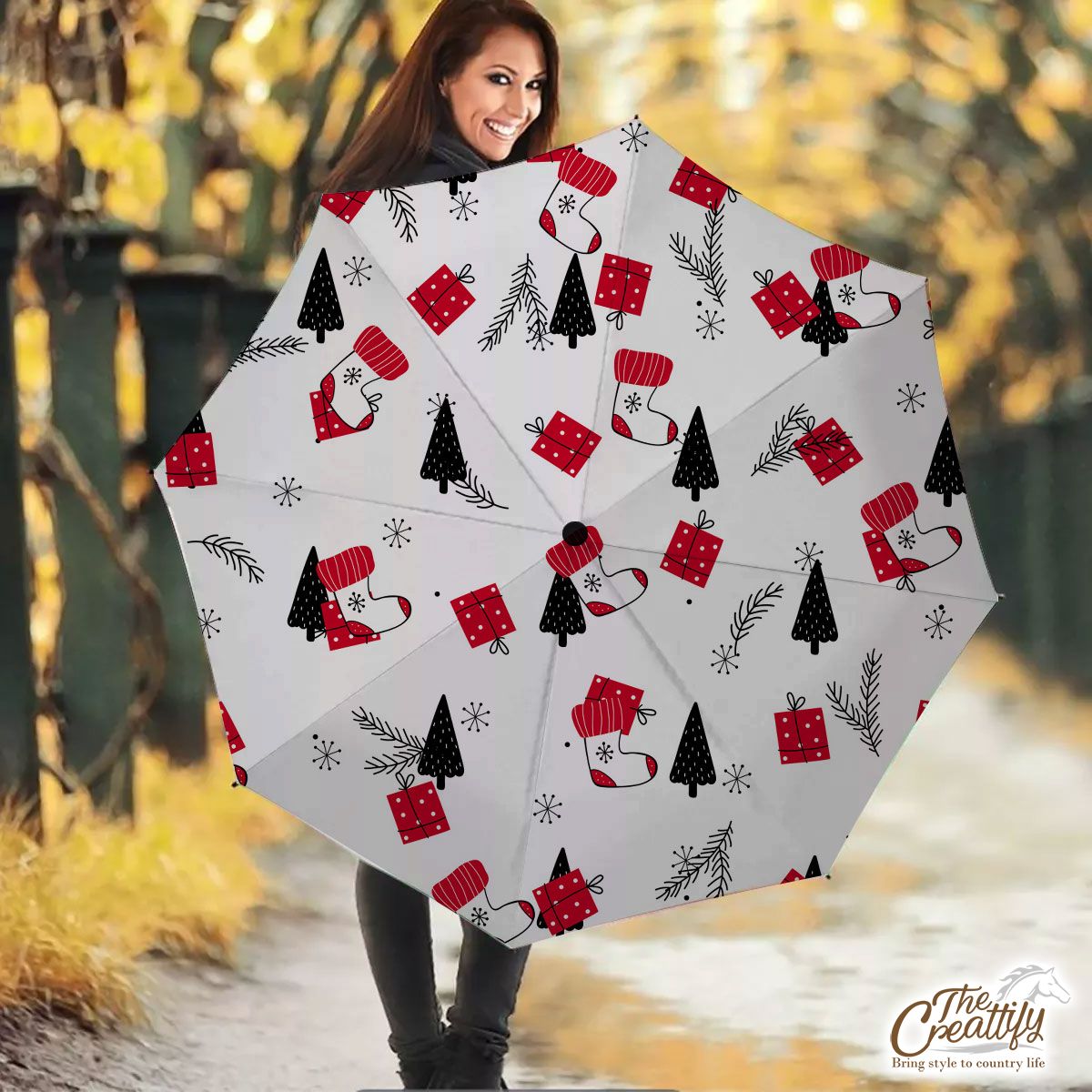 Hand Drawn Red Socks, Christmas Gifts, Pine Tree Silhouette And Snowflake Clipart Seamless White Pattern Umbrella