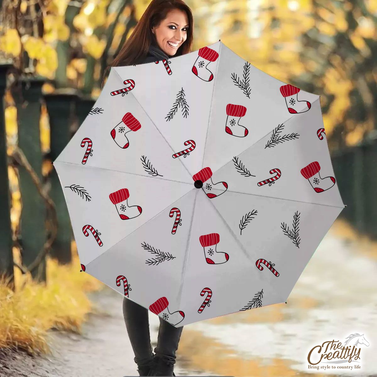 Hand Drawn Red Socks, Christmas Tree Branch And Candy Canes White Pattern Umbrella