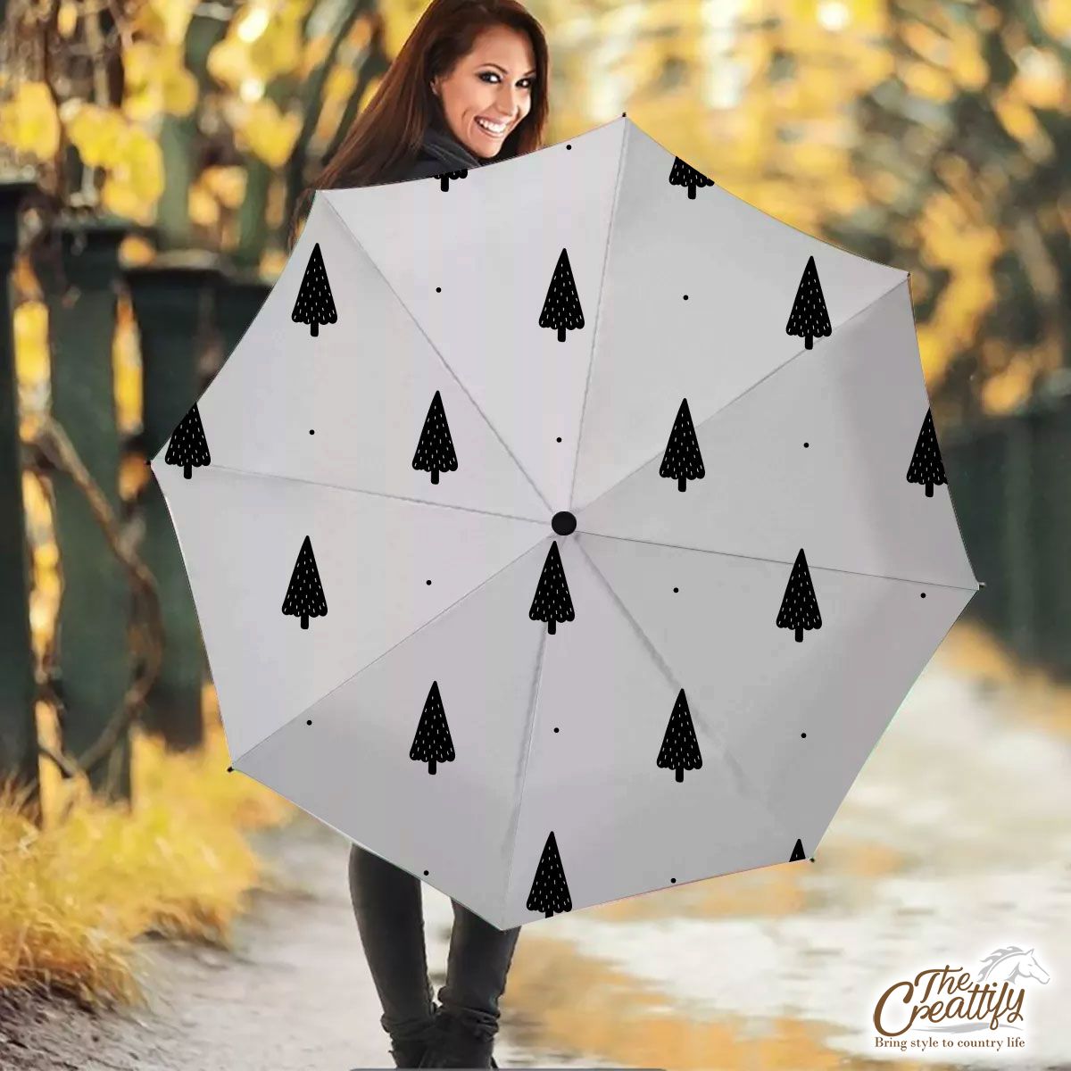 Pine Tree Silhouette Seamless White Pattern Umbrella
