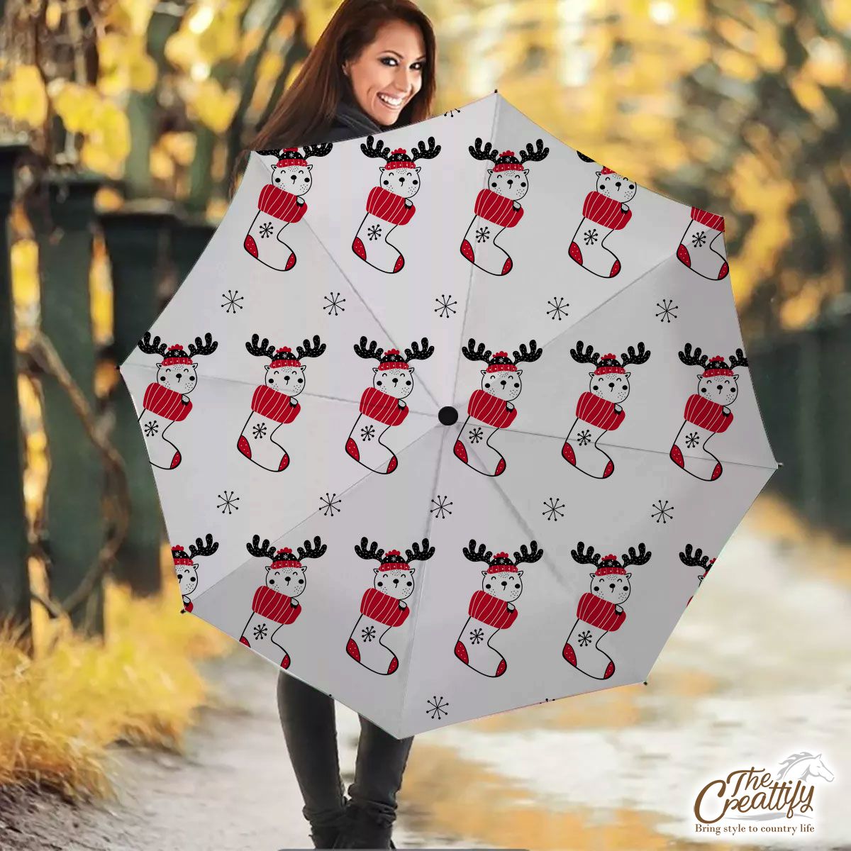 Reindeer Clipart In Hand Drawn Red Socks And Snowflake Clipart Seamless White Pattern Umbrella