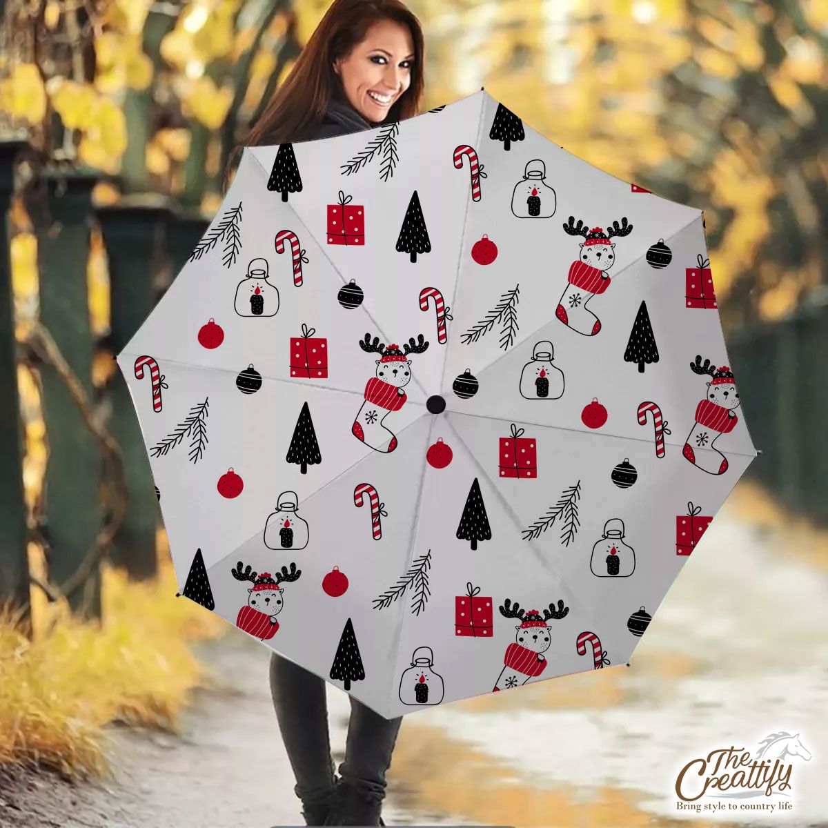 Reindeer Clipart In Hand Drawn Red Socks, Christmas Balls, Candy Canes, And Christmas Gifts Seamless White Pattern Umbrella