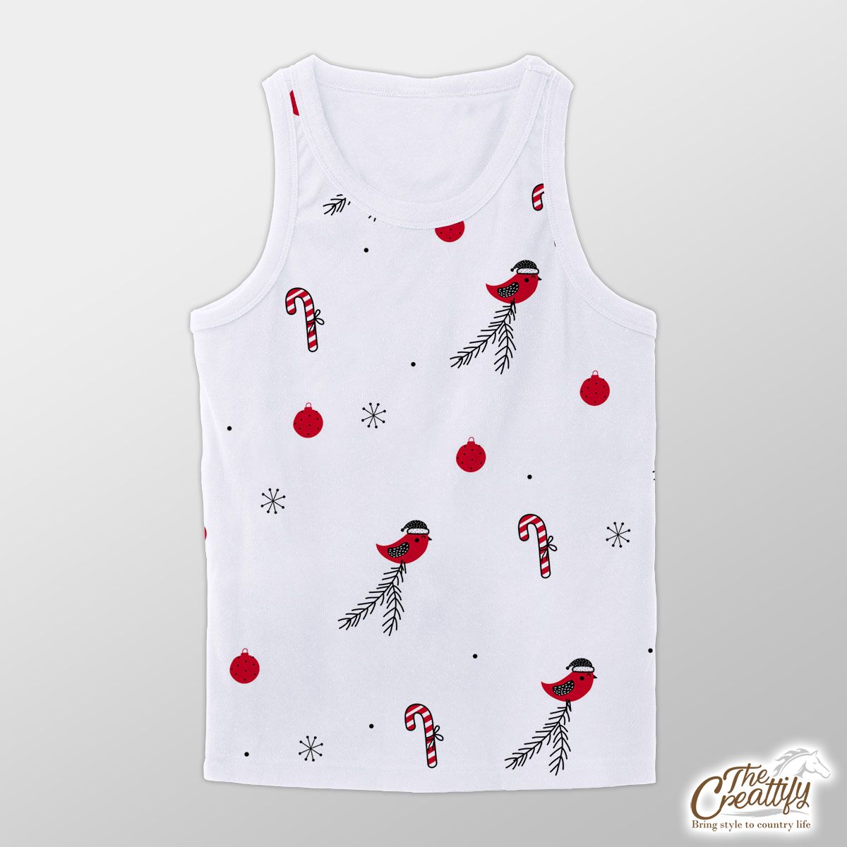 Cardinal Bird With Santa Hat, Candy Canes, Christmas Balls And Snowflake Clipart Seamless White Pattern Unisex Tank Top