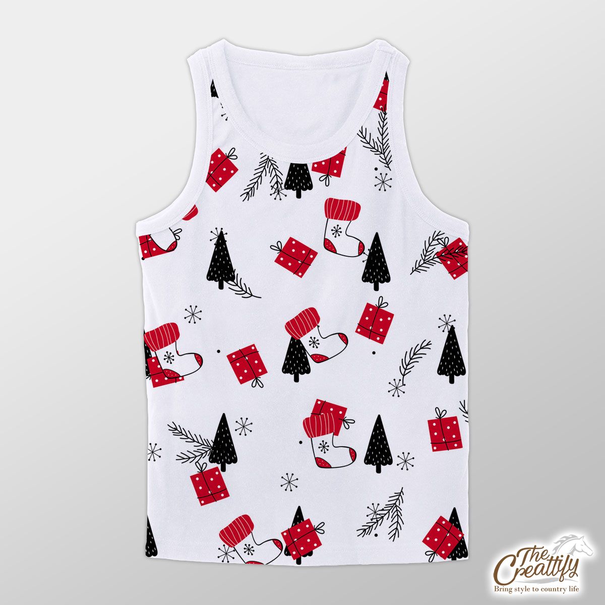 Hand Drawn Red Socks, Christmas Gifts, Pine Tree Silhouette And Snowflake Clipart Seamless White Pattern Unisex Tank Top