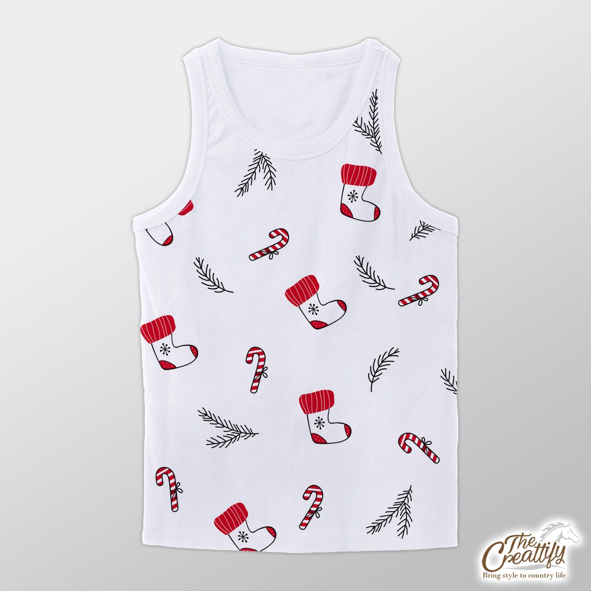 Hand Drawn Red Socks, Christmas Tree Branch And Candy Canes White Pattern Unisex Tank Top