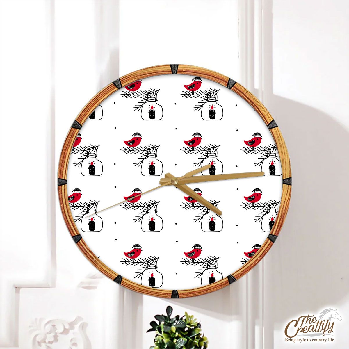 Cardinal Bird With Santa Hat, Christmas Candles Seamless White Pattern Wall Clock