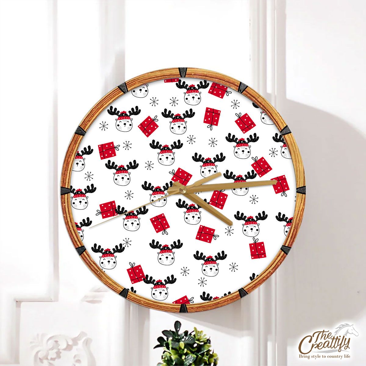 Hand Drawn Christmas Gifts, Reindeer Clipart And Snowflake Clipart Seamless White Pattern Wall Clock