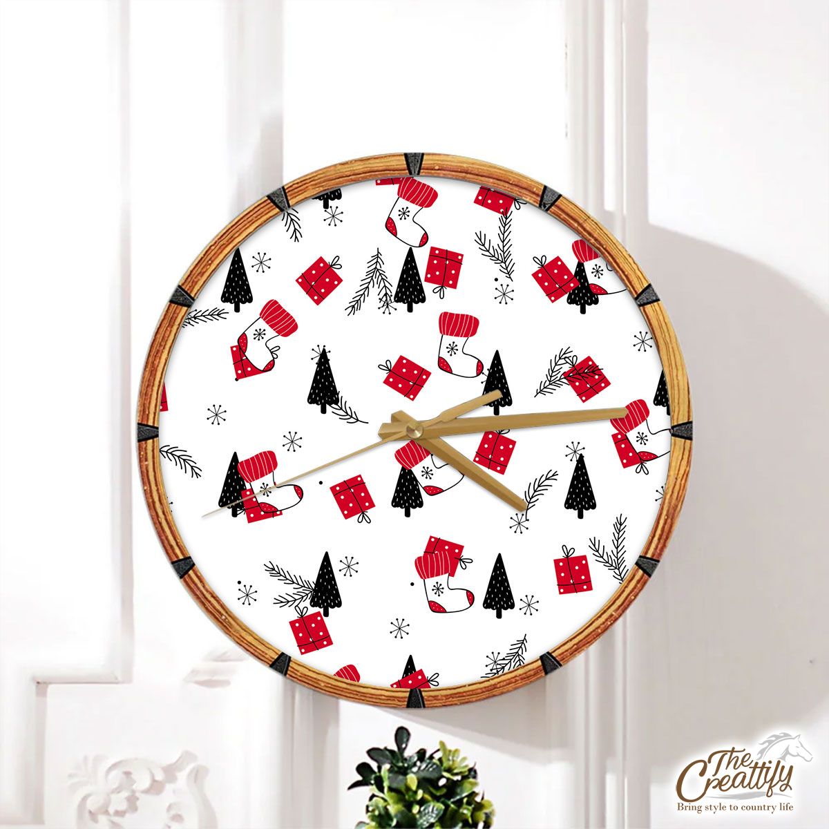 Hand Drawn Red Socks, Christmas Gifts, Pine Tree Silhouette And Snowflake Clipart Seamless White Pattern Wall Clock