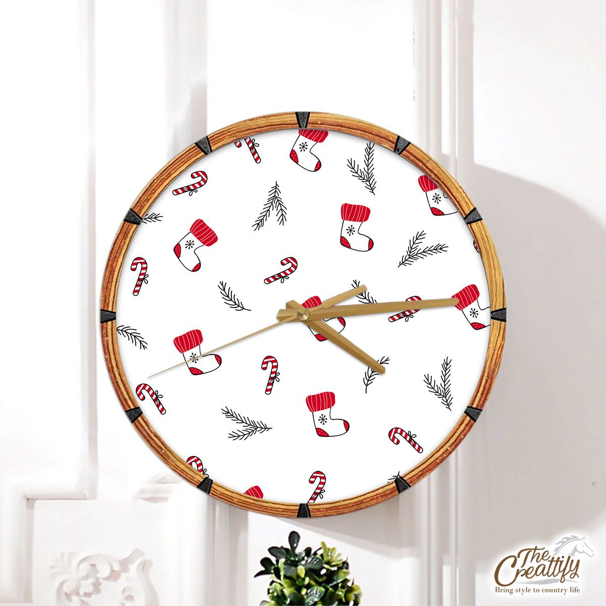Hand Drawn Red Socks, Christmas Tree Branch And Candy Canes White Pattern Wall Clock