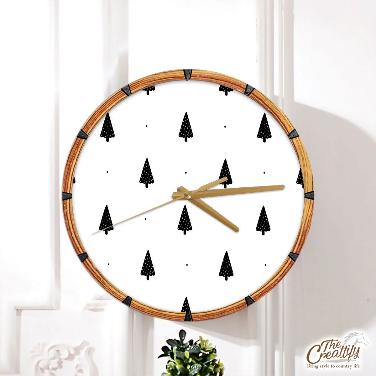 Pine Tree Silhouette Seamless White Pattern Wall Clock