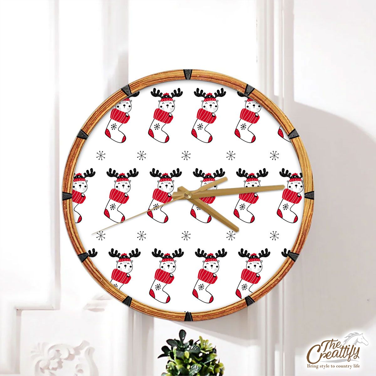 Reindeer Clipart In Hand Drawn Red Socks And Snowflake Clipart Seamless White Pattern Wall Clock