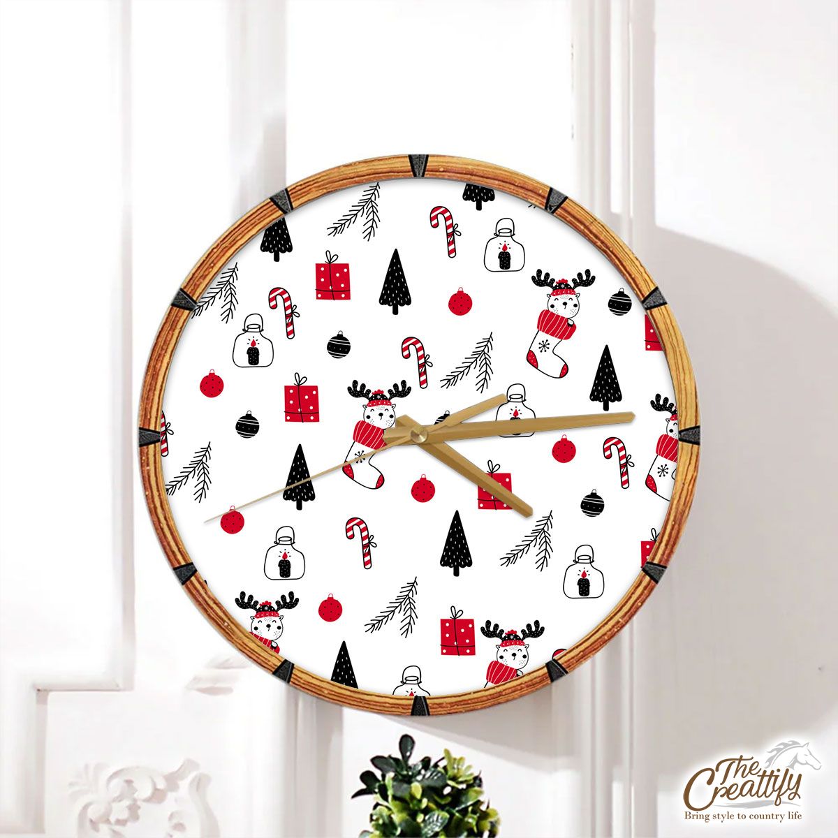 Reindeer Clipart In Hand Drawn Red Socks, Christmas Balls, Candy Canes, And Christmas Gifts Seamless White Pattern Wall Clock