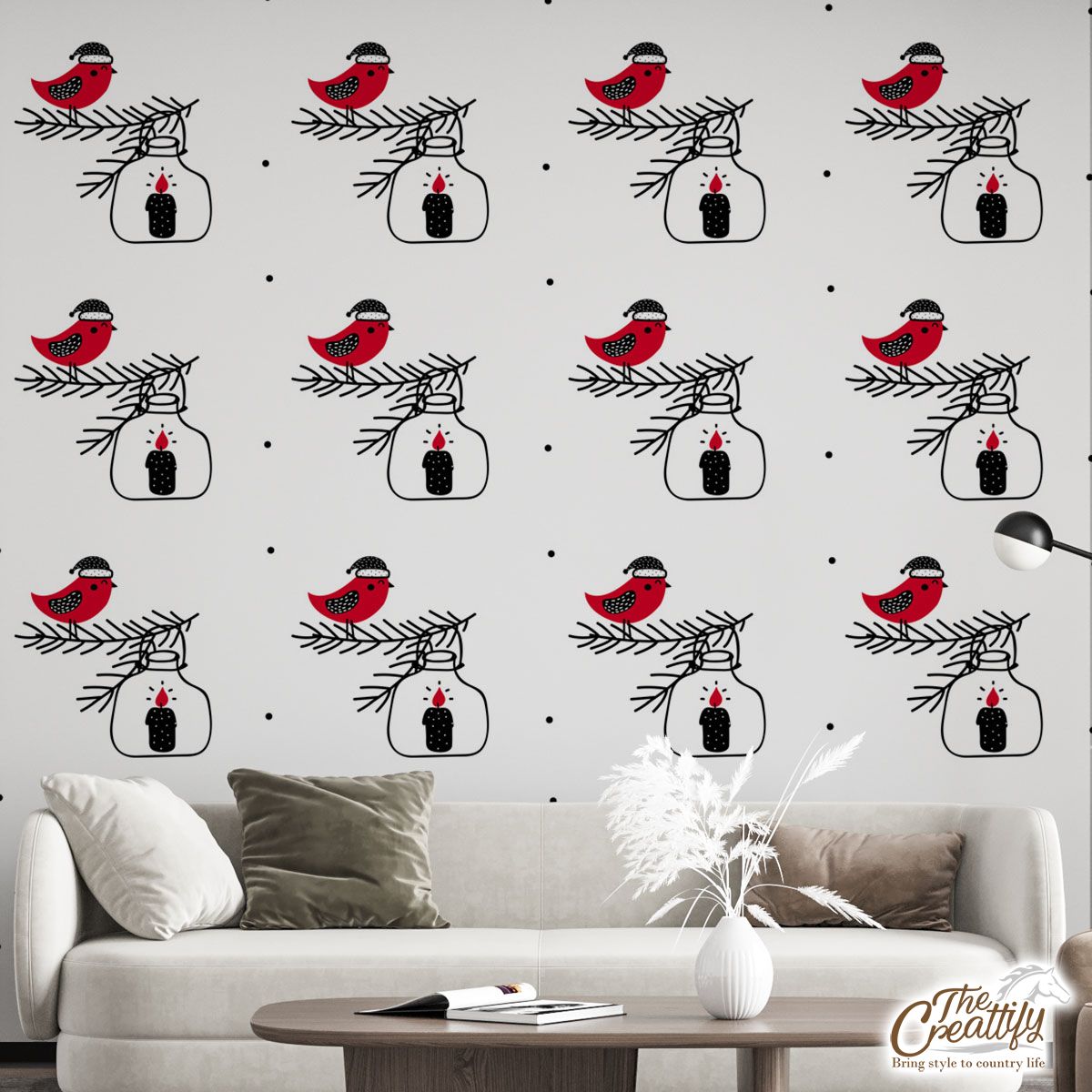 Cardinal Bird With Santa Hat, Christmas Candles Seamless White Pattern Wall Mural