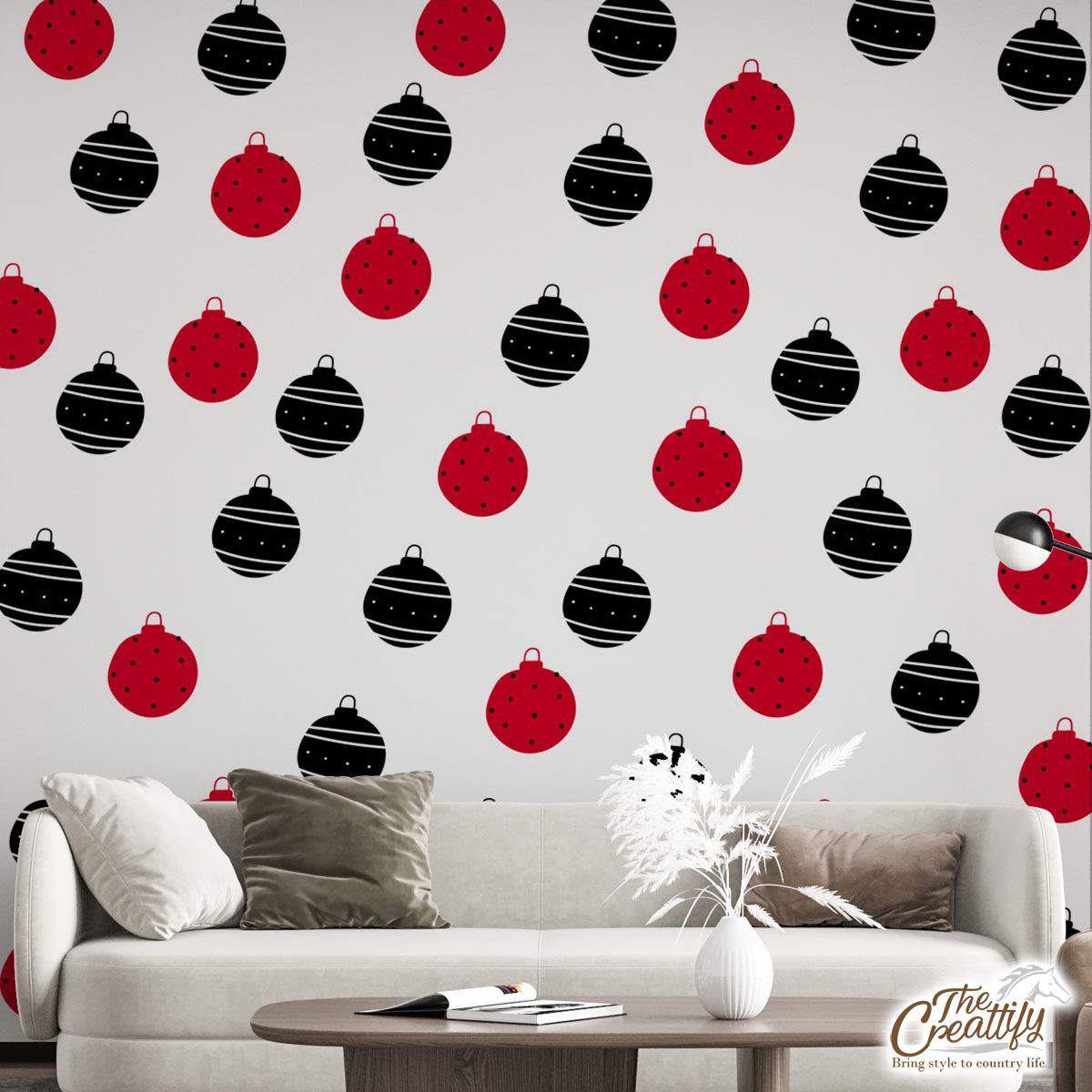 Hand Drawn Black and Red Christmas Balls Seamless Pattern Wall Mural