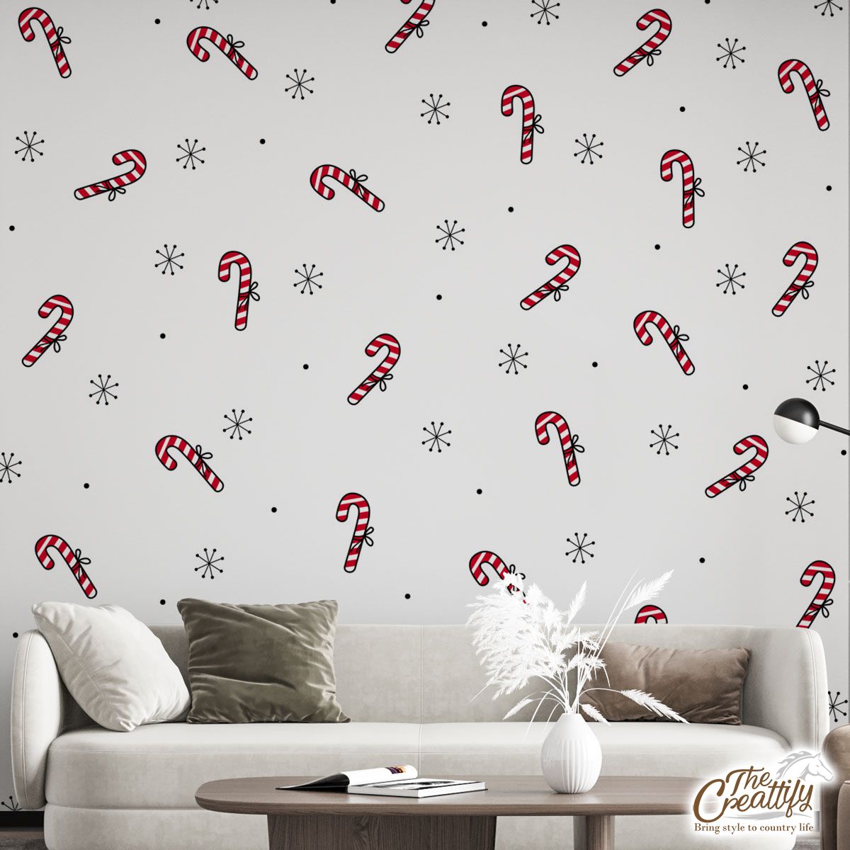 Hand Drawn Candy Canes, Snowflake Clipart Seamless White Pattern Wall Mural