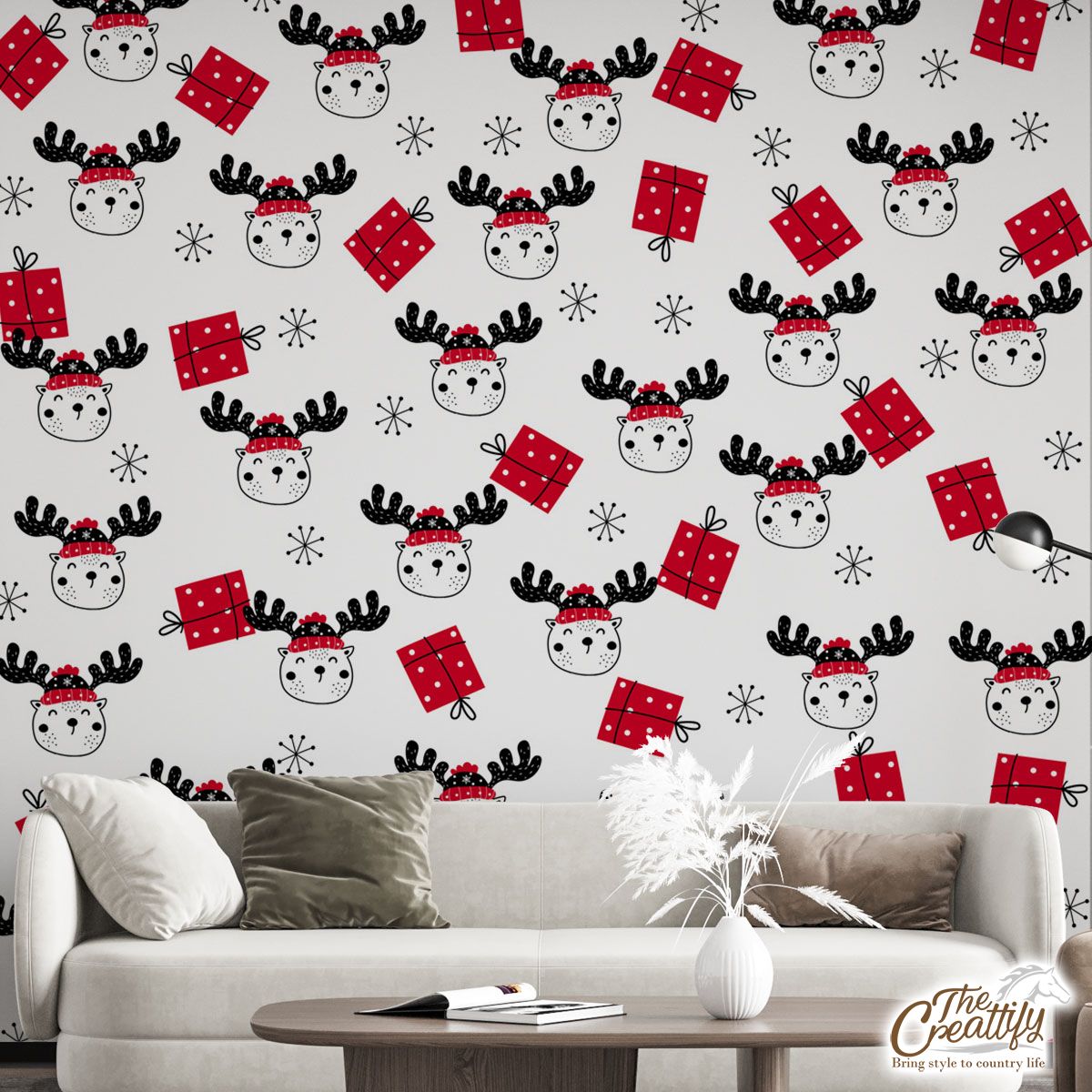 Hand Drawn Christmas Gifts, Reindeer Clipart And Snowflake Clipart Seamless White Pattern Wall Mural