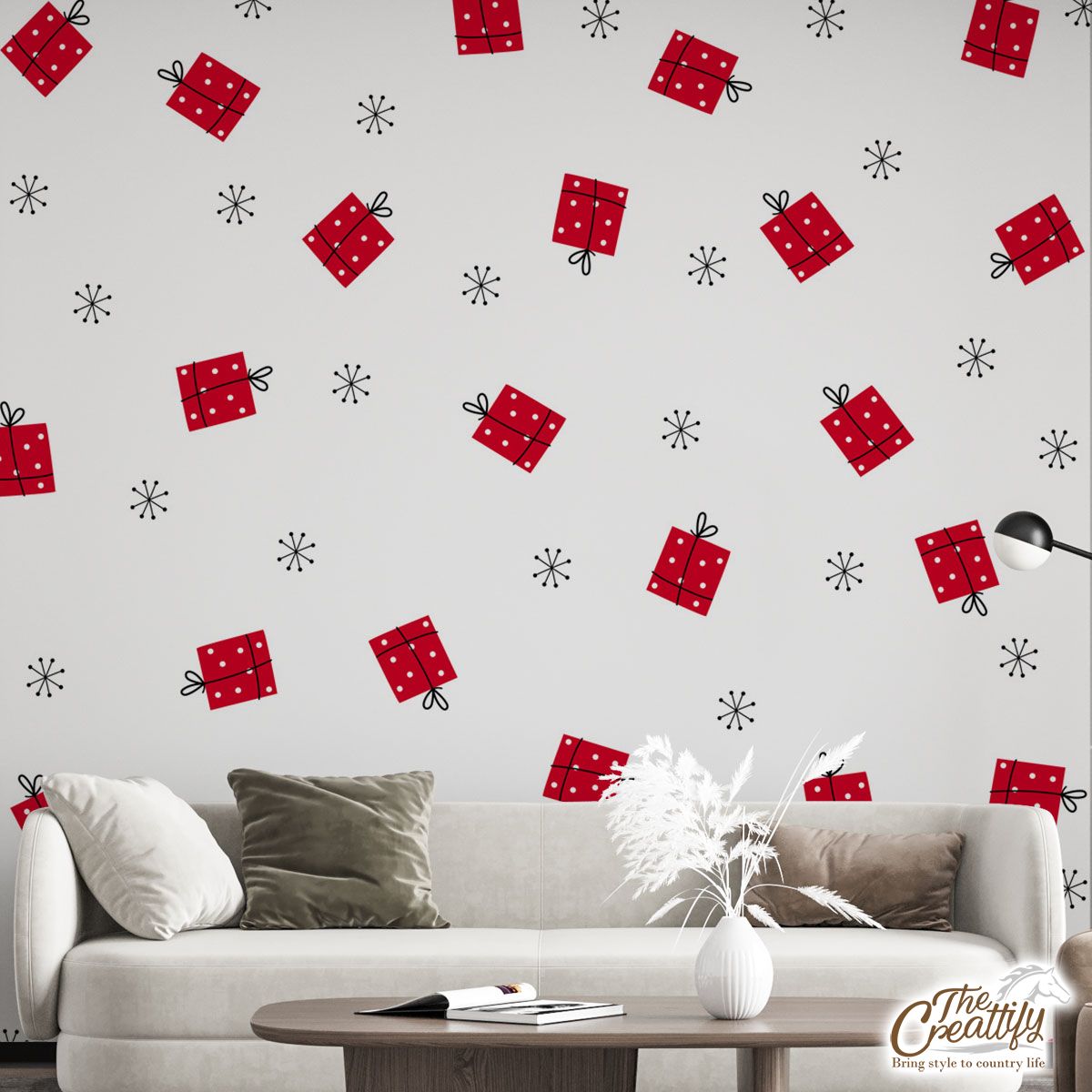 Hand Drawn Christmas Gifts, Snowflake Clipart Seamless White Pattern Wall Mural