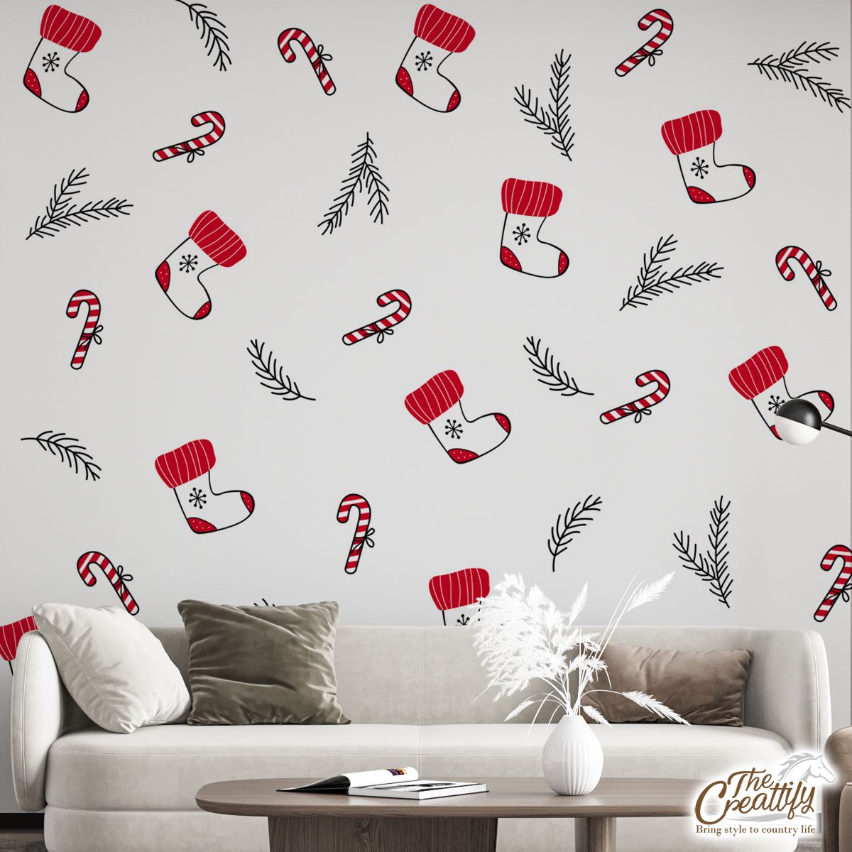 Hand Drawn Red Socks, Christmas Tree Branch And Candy Canes White Pattern Wall Mural