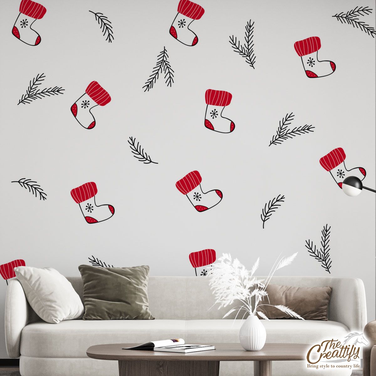Hand Drawn Red Socks, Christmas Tree Branch White Pattern Wall Mural