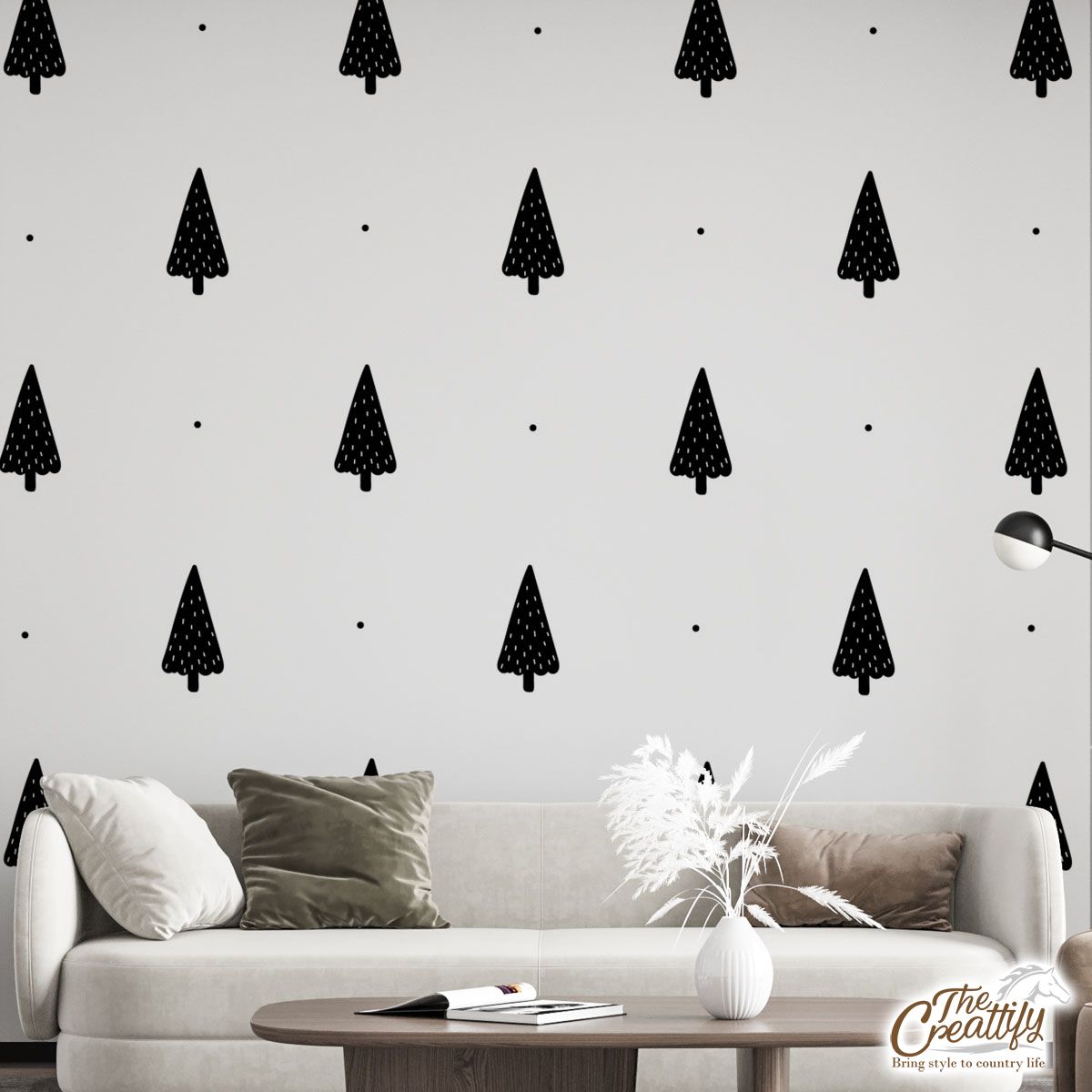 Pine Tree Silhouette Seamless White Pattern Wall Mural