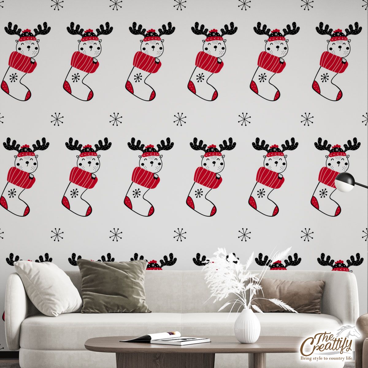 Reindeer Clipart In Hand Drawn Red Socks And Snowflake Clipart Seamless White Pattern Wall Mural