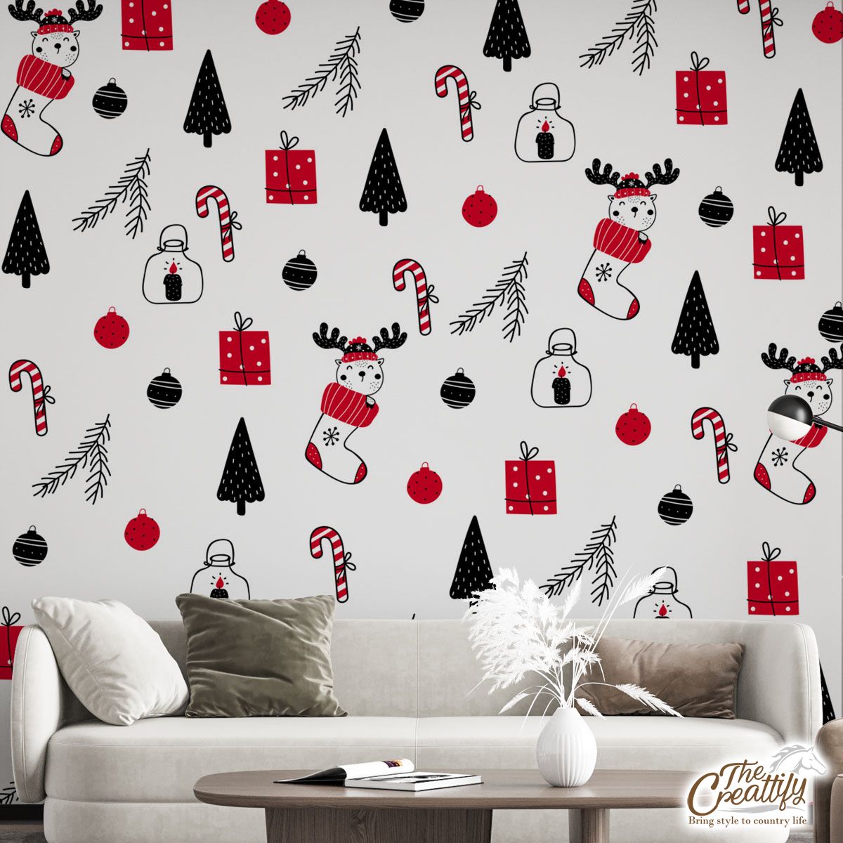 Reindeer Clipart In Hand Drawn Red Socks, Christmas Balls, Candy Canes, And Christmas Gifts Seamless White Pattern Wall Mural