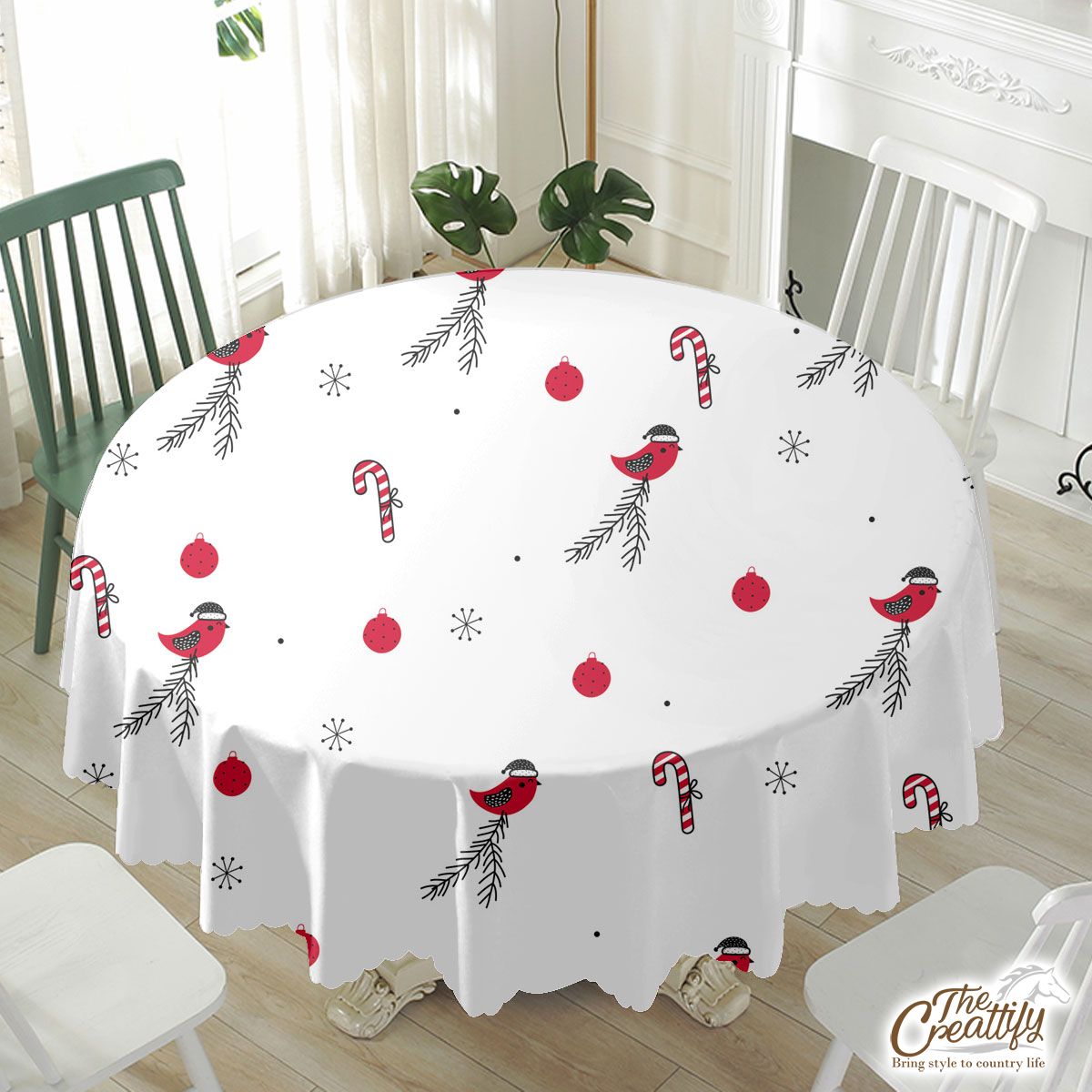 Cardinal Bird With Santa Hat, Candy Canes, Christmas Balls And Snowflake Clipart Seamless White Pattern Waterproof Tablecloth