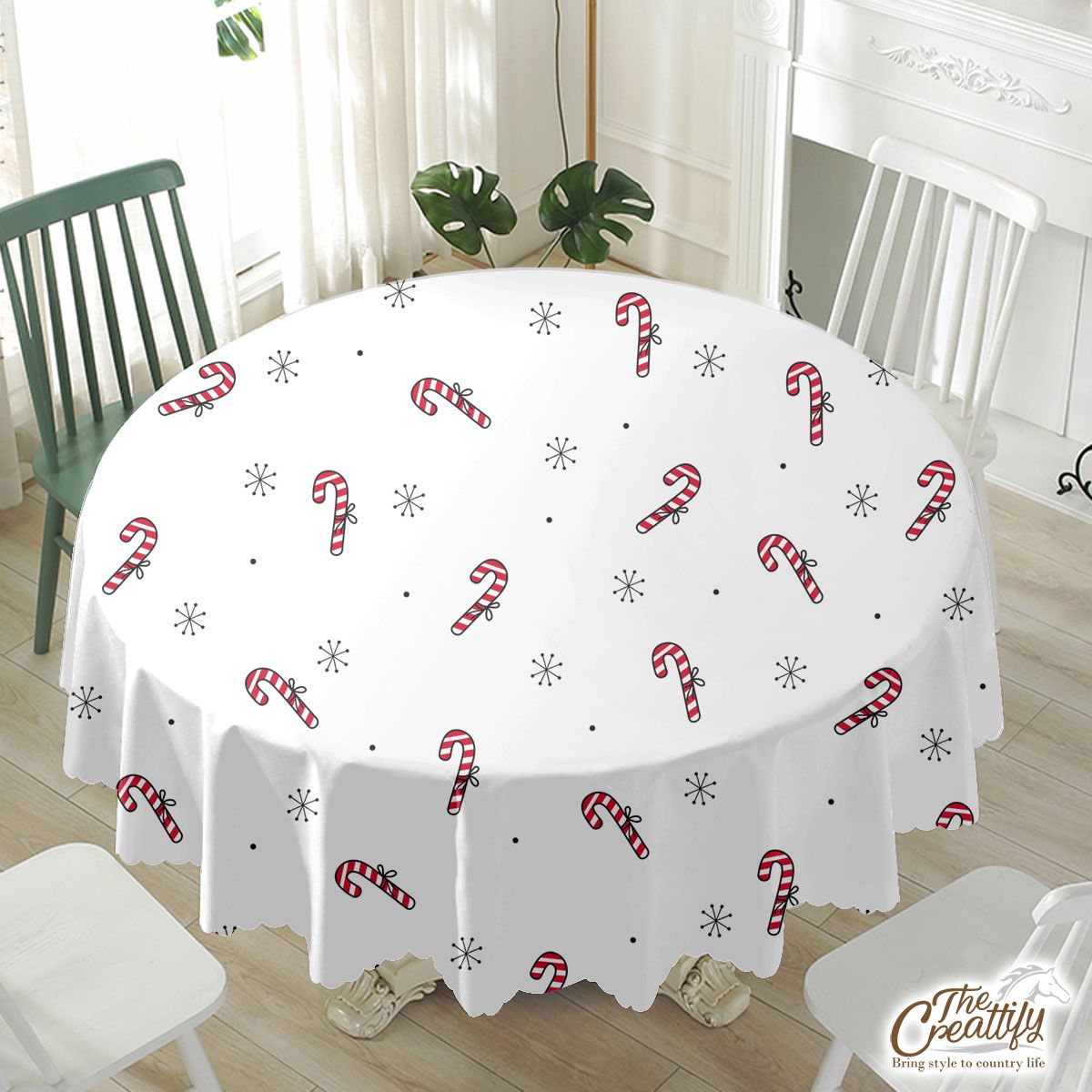 Hand Drawn Candy Canes, Snowflake Clipart Seamless White Pattern Waterproof Tablecloth