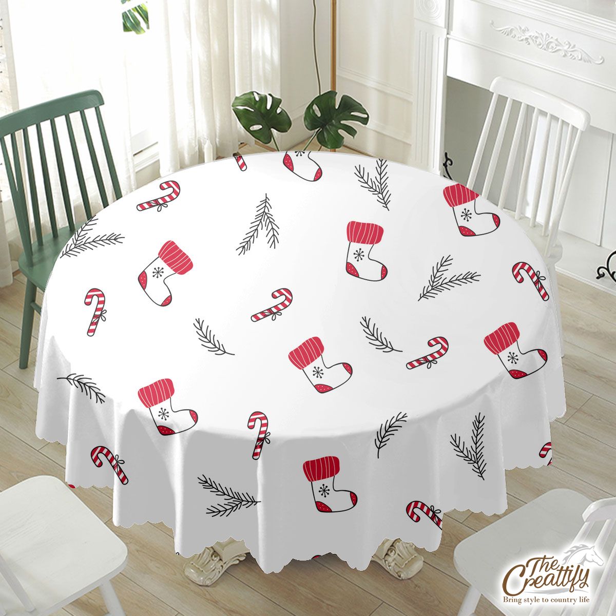 Hand Drawn Red Socks, Christmas Tree Branch And Candy Canes White Pattern Waterproof Tablecloth