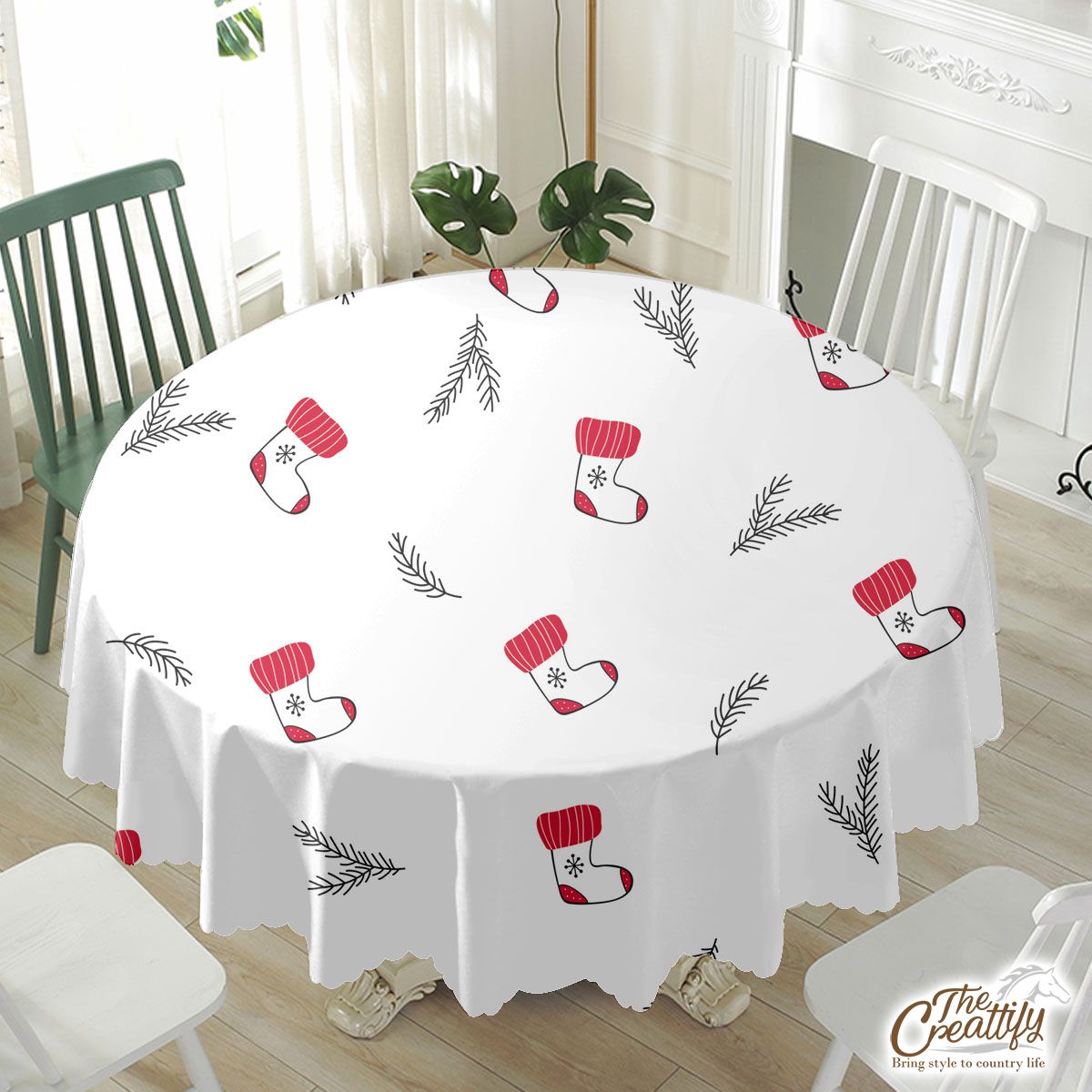 Hand Drawn Red Socks, Christmas Tree Branch White Pattern Waterproof Tablecloth