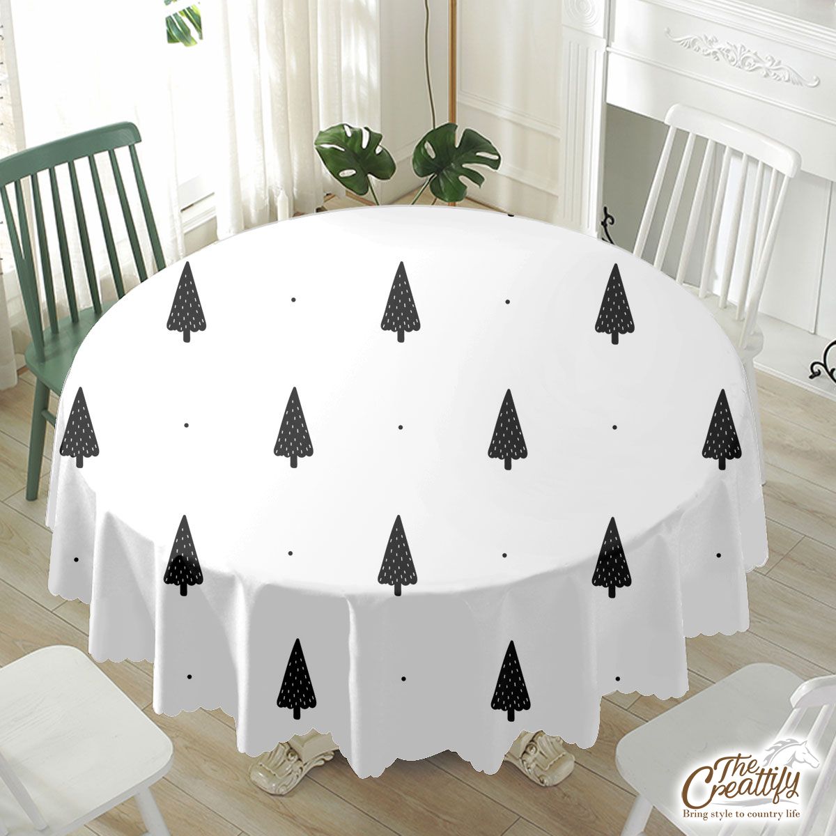 Pine Tree Silhouette Seamless White Pattern Waterproof Tablecloth