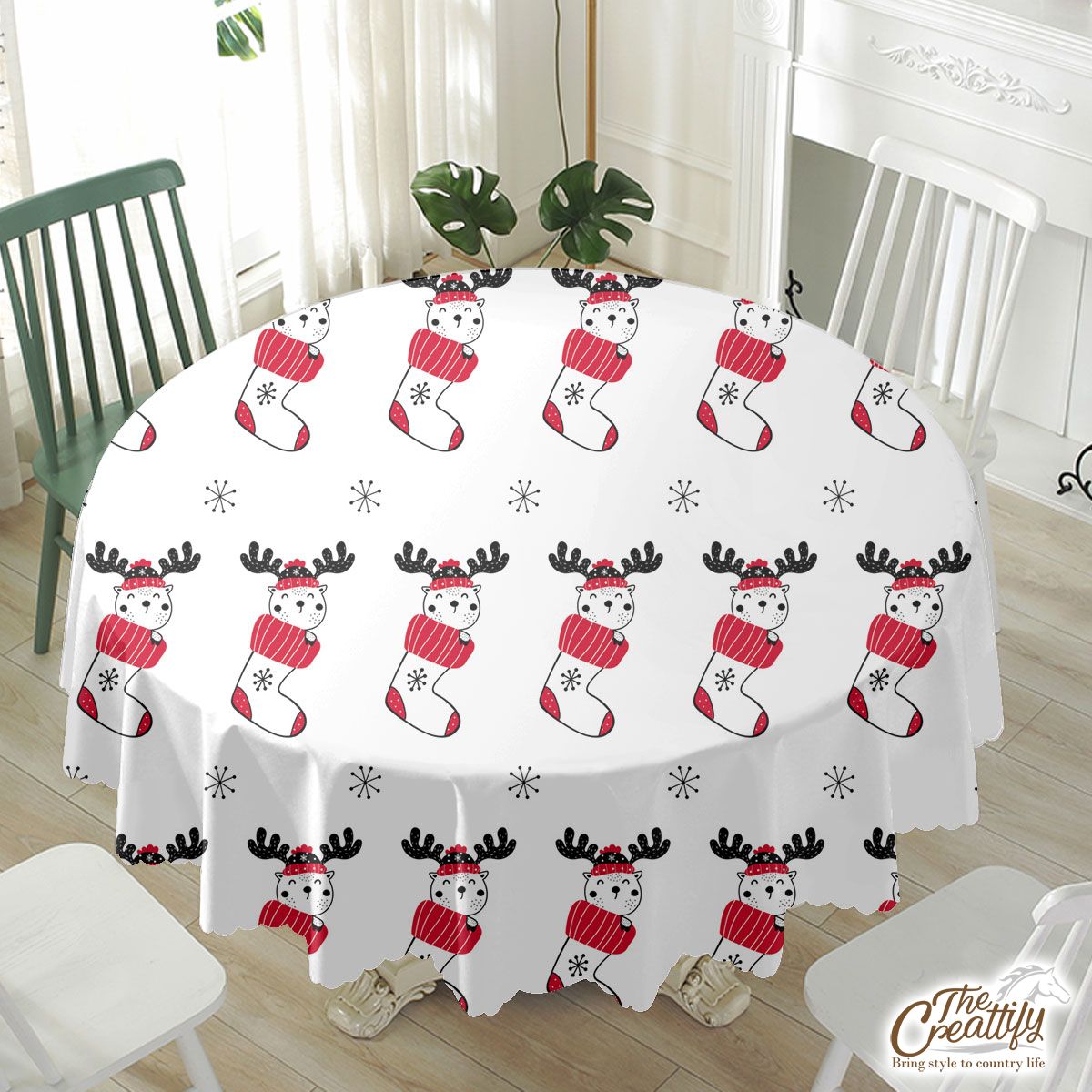 Reindeer Clipart In Hand Drawn Red Socks And Snowflake Clipart Seamless White Pattern Waterproof Tablecloth