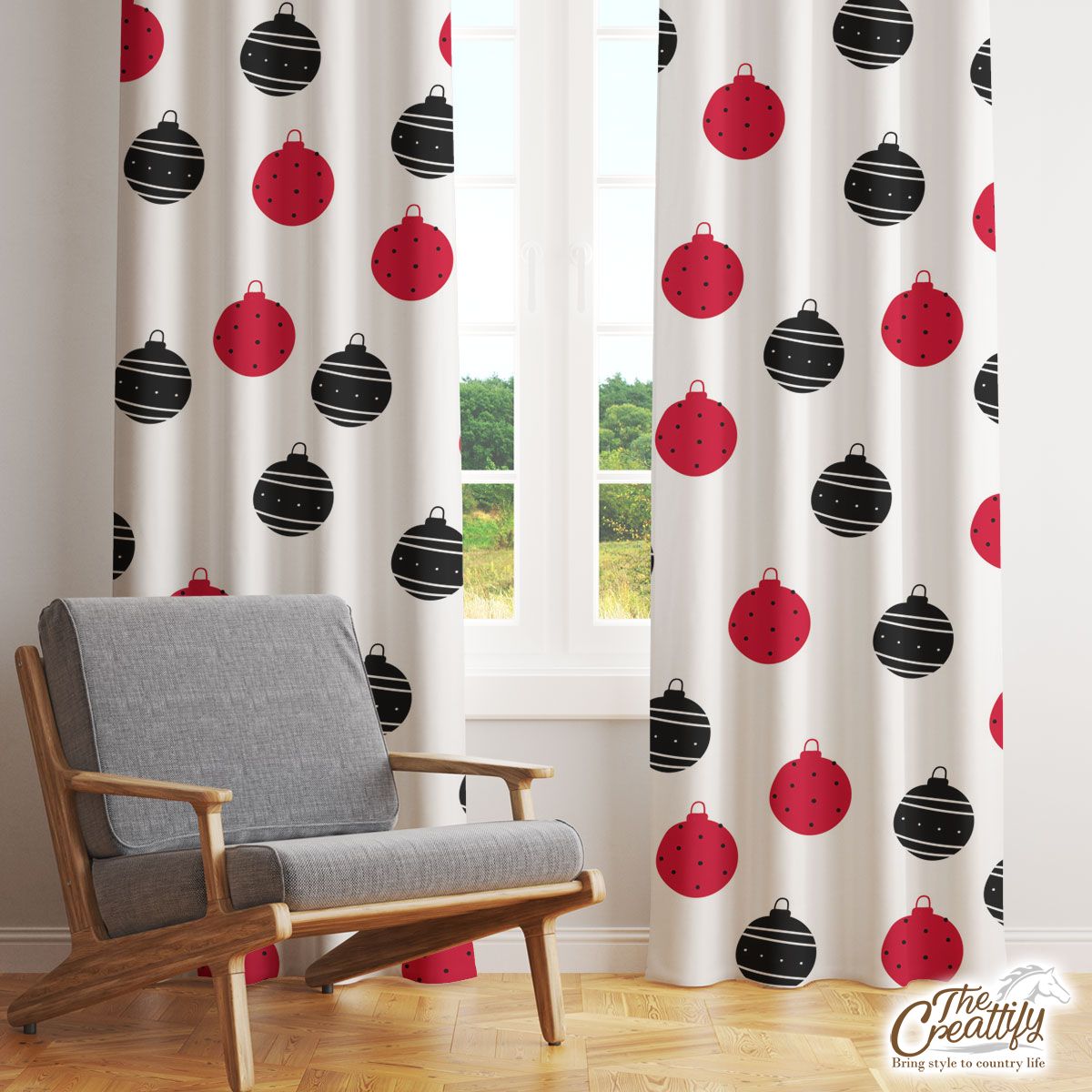 Hand Drawn Black and Red Christmas Balls Seamless Pattern Window Curtain
