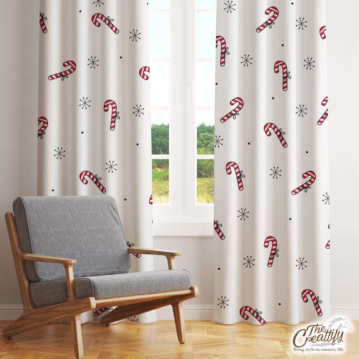 Hand Drawn Candy Canes, Snowflake Clipart Seamless White Pattern Window Curtain