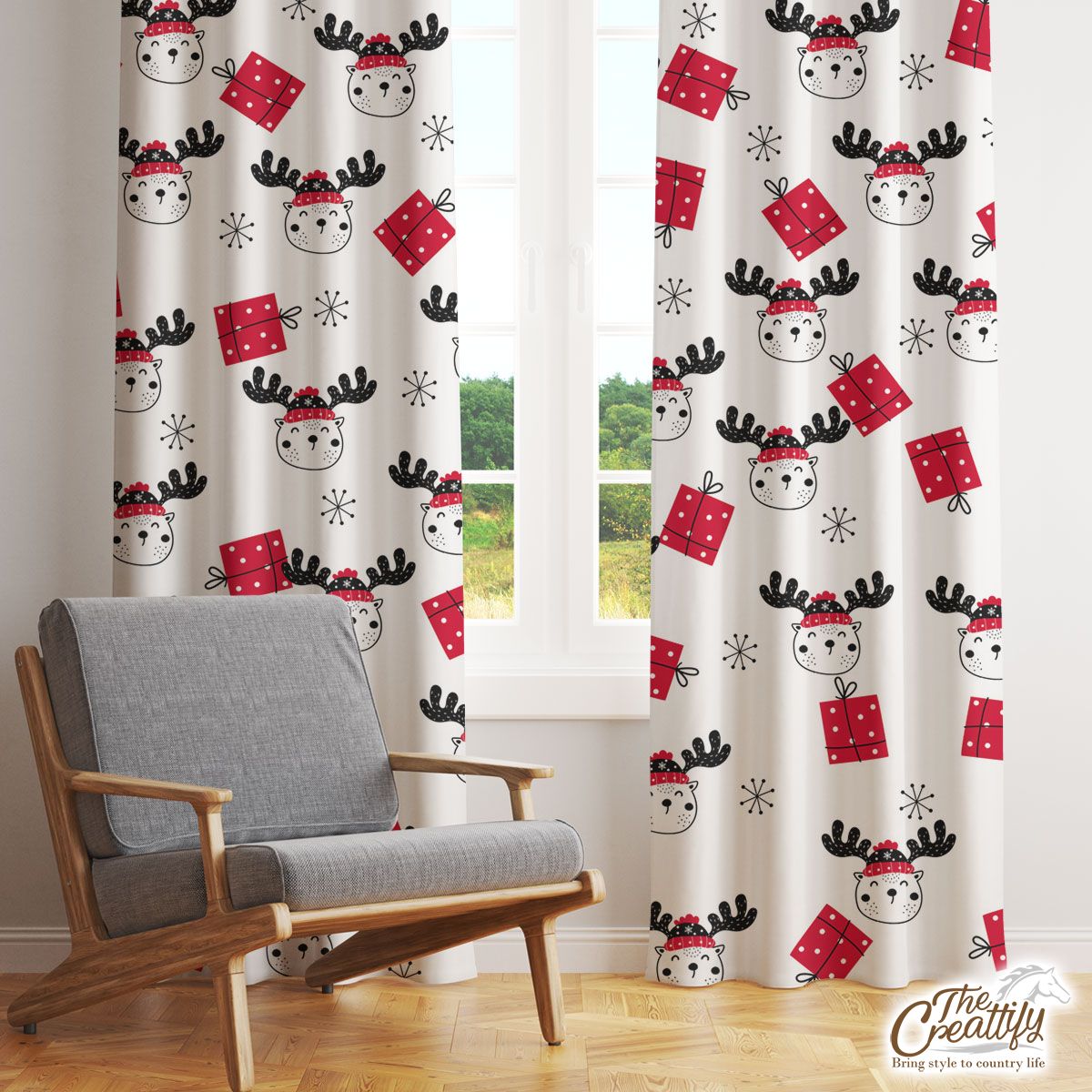 Hand Drawn Christmas Gifts, Reindeer Clipart And Snowflake Clipart Seamless White Pattern Window Curtain