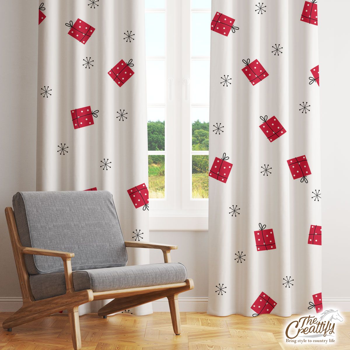 Hand Drawn Christmas Gifts, Snowflake Clipart Seamless White Pattern Window Curtain