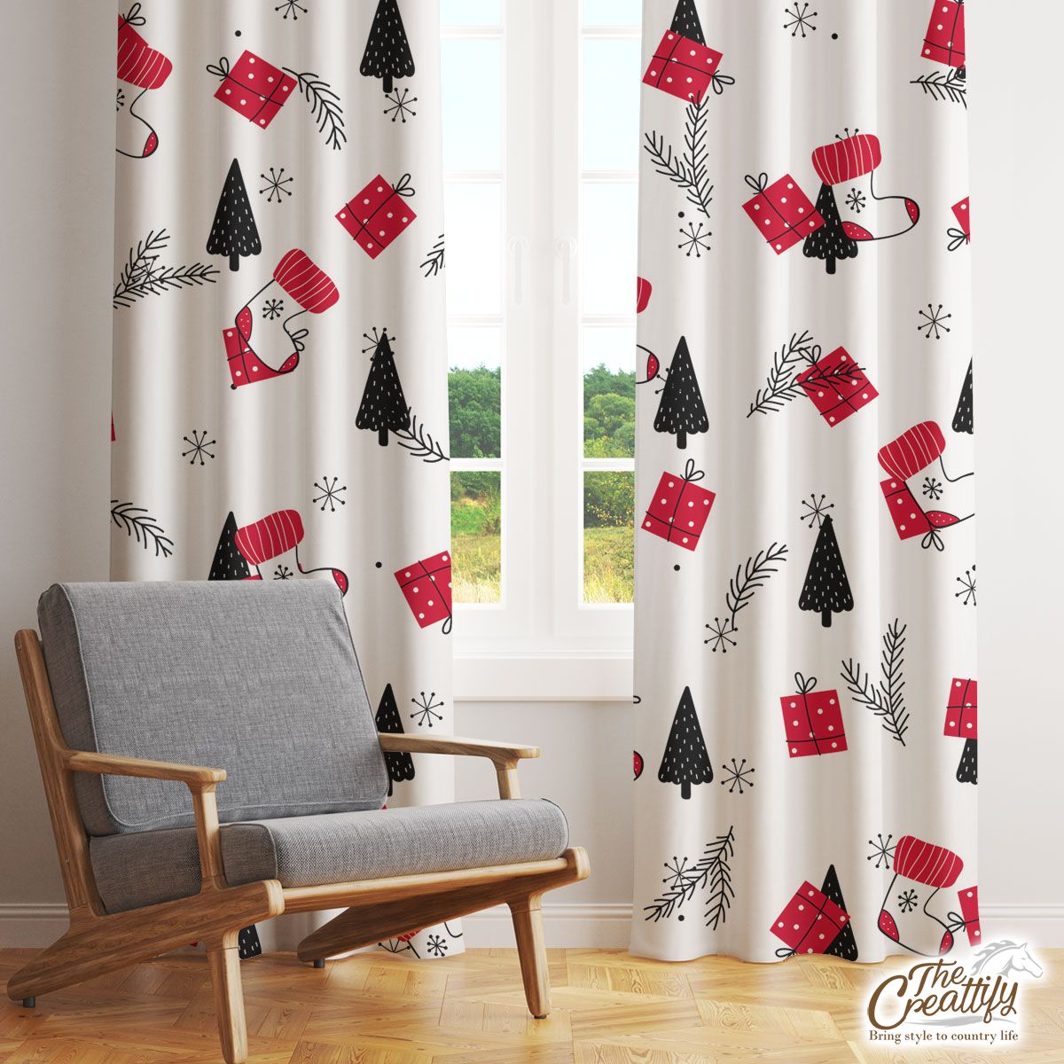 Hand Drawn Red Socks, Christmas Gifts, Pine Tree Silhouette And Snowflake Clipart Seamless White Pattern Window Curtain
