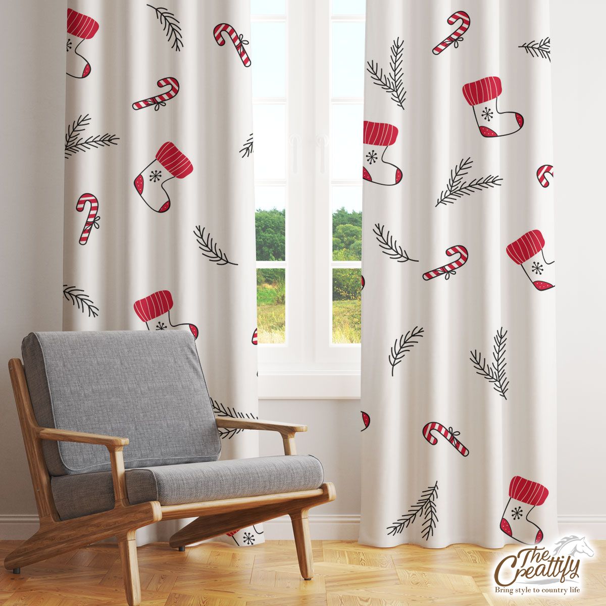 Hand Drawn Red Socks, Christmas Tree Branch And Candy Canes White Pattern Window Curtain