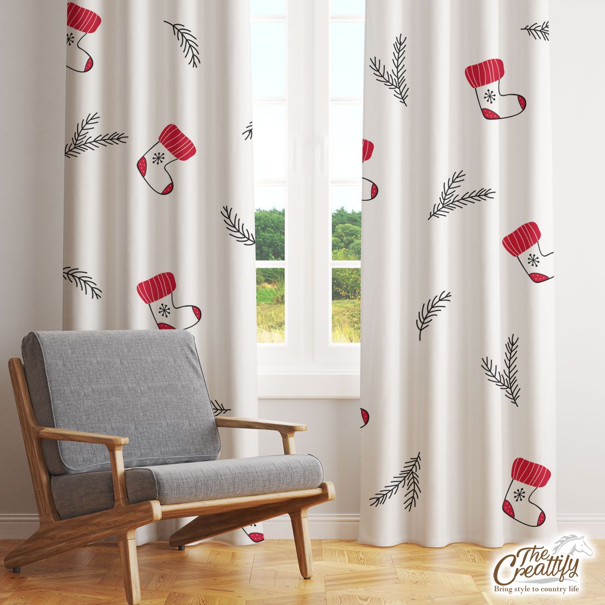 Hand Drawn Red Socks, Christmas Tree Branch White Pattern Window Curtain