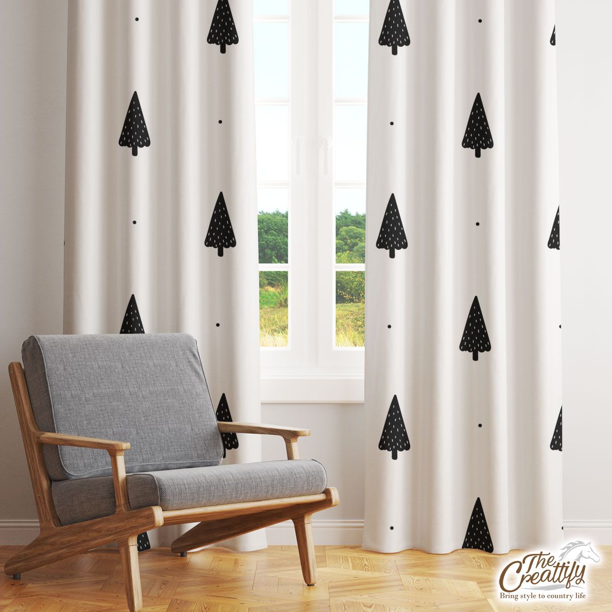 Pine Tree Silhouette Seamless White Pattern Window Curtain
