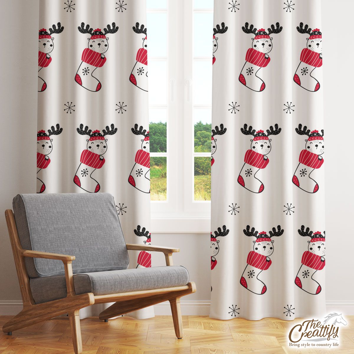 Reindeer Clipart In Hand Drawn Red Socks And Snowflake Clipart Seamless White Pattern Window Curtain