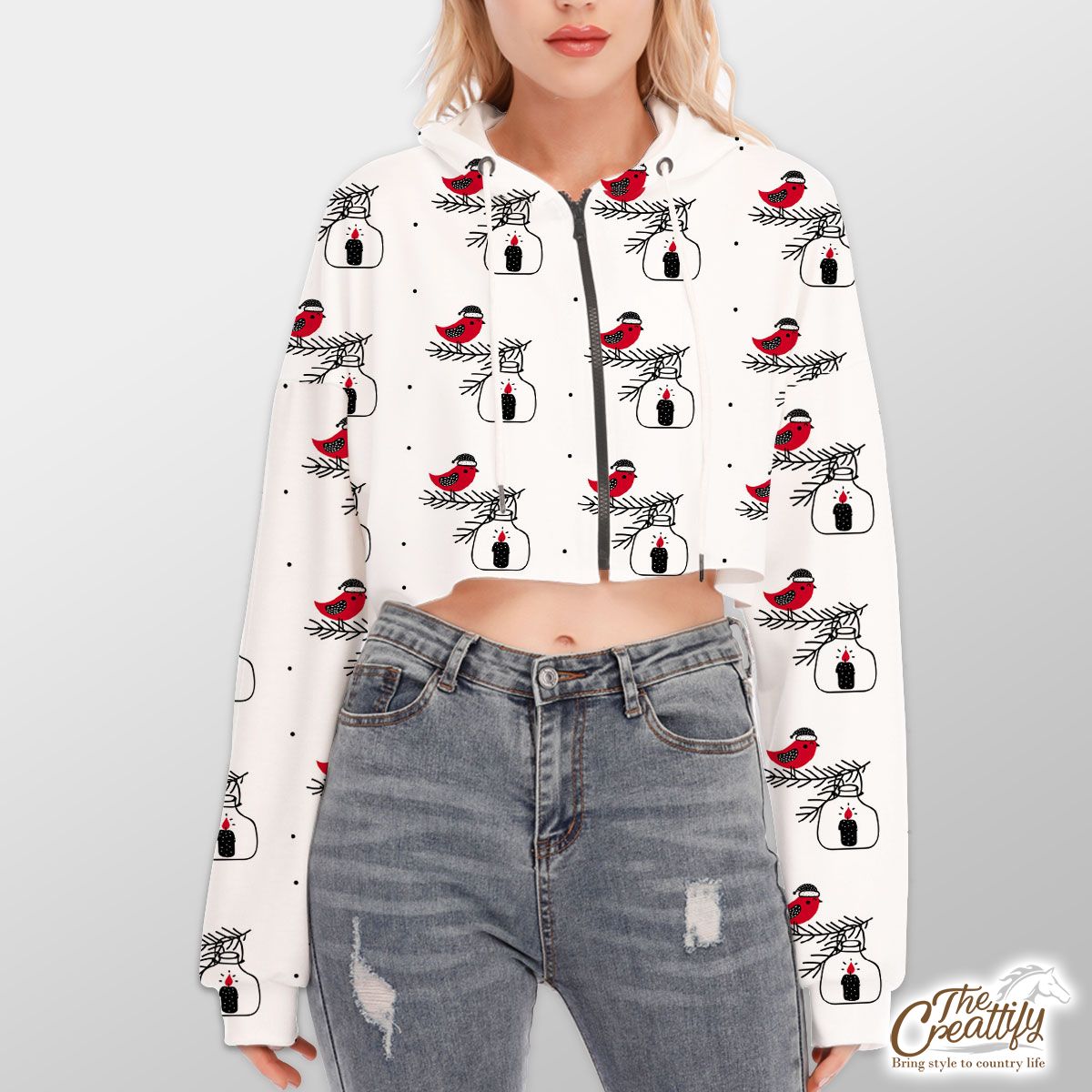 Cardinal Bird With Santa Hat, Christmas Candles Seamless White Pattern Hoodie With Zipper Closure