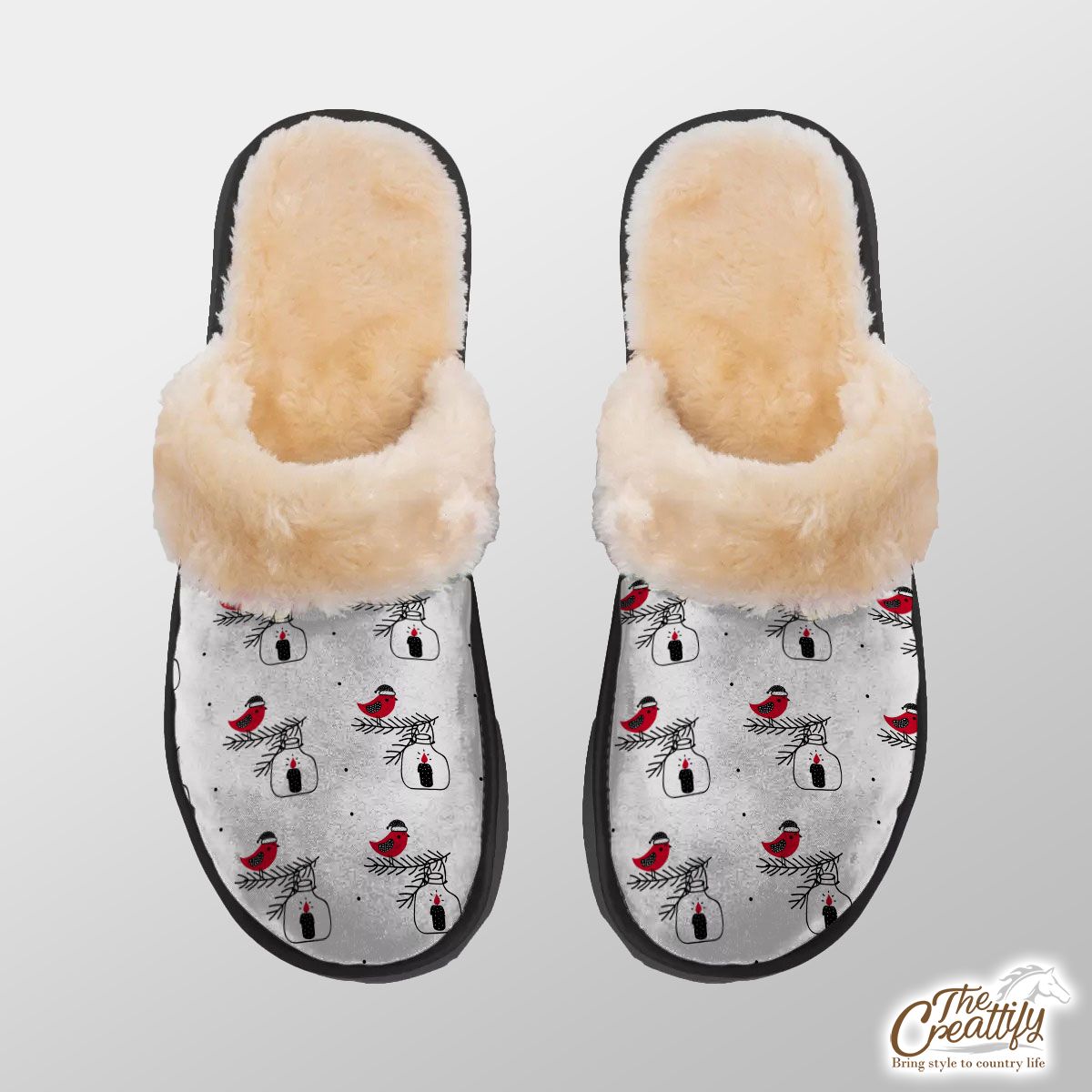 Cardinal Bird With Santa Hat, Christmas Candles Seamless White Pattern Home Plush Slippers