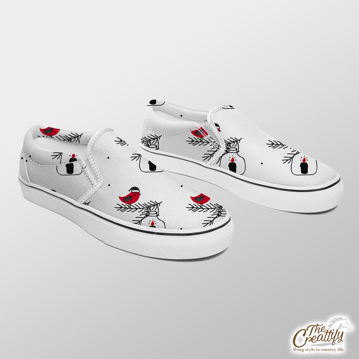 Cardinal Bird With Santa Hat, Christmas Candles Seamless White Pattern Slip On Sneakers