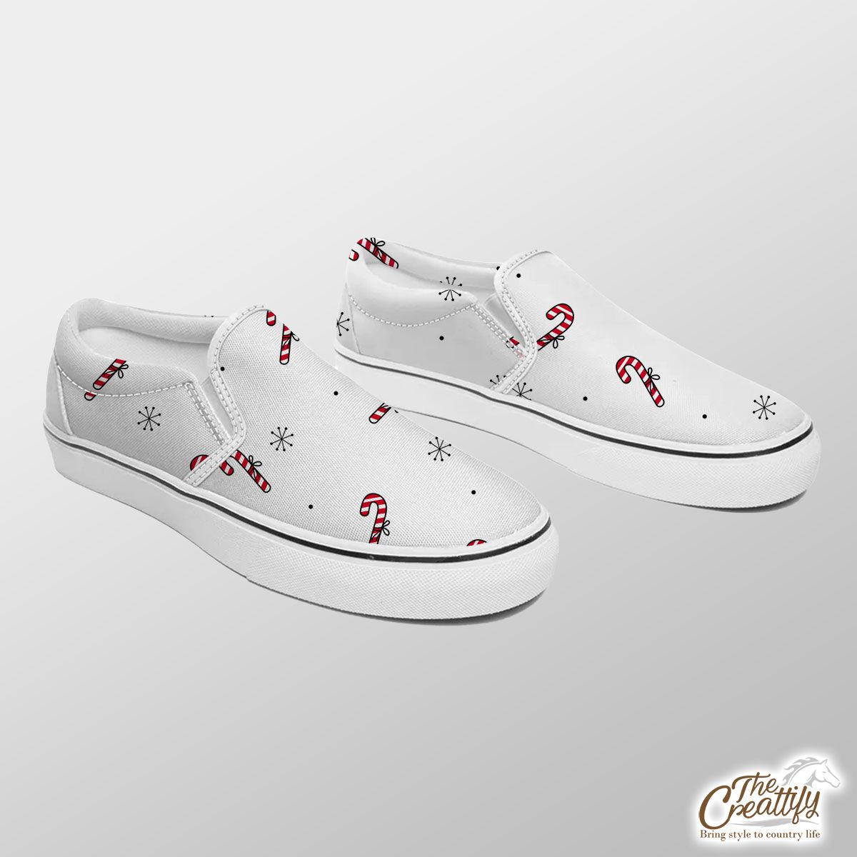 Hand Drawn Candy Canes, Snowflake Clipart Seamless White Pattern Slip On Sneakers