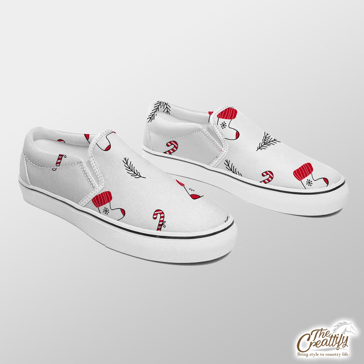 Hand Drawn Red Socks, Christmas Tree Branch And Candy Canes White Pattern Slip On Sneakers
