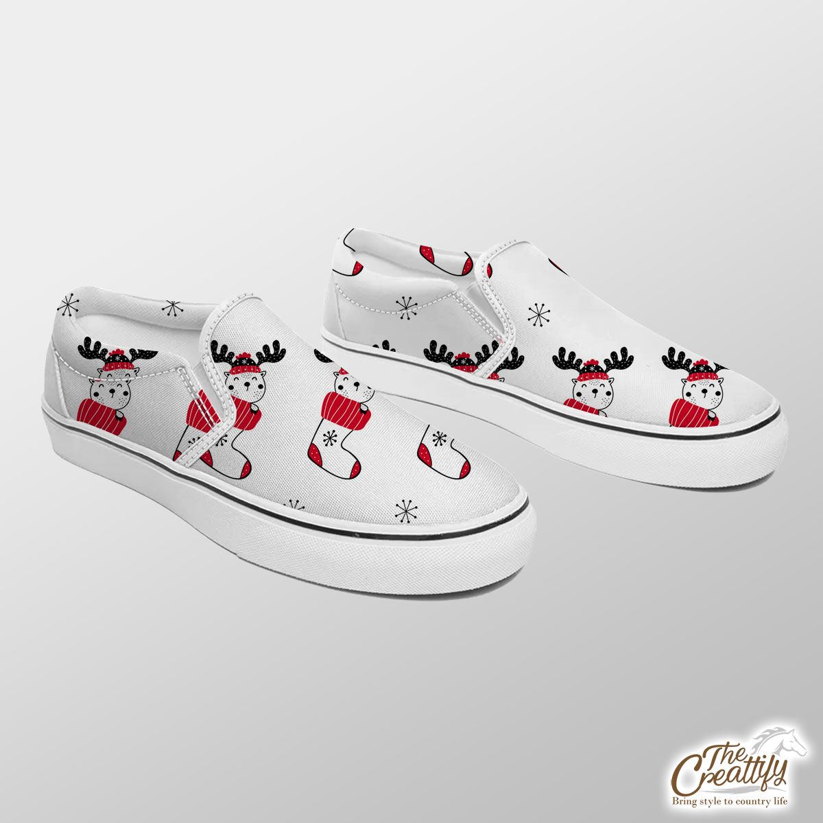 Reindeer Clipart In Hand Drawn Red Socks And Snowflake Clipart Seamless White Pattern Slip On Sneakers