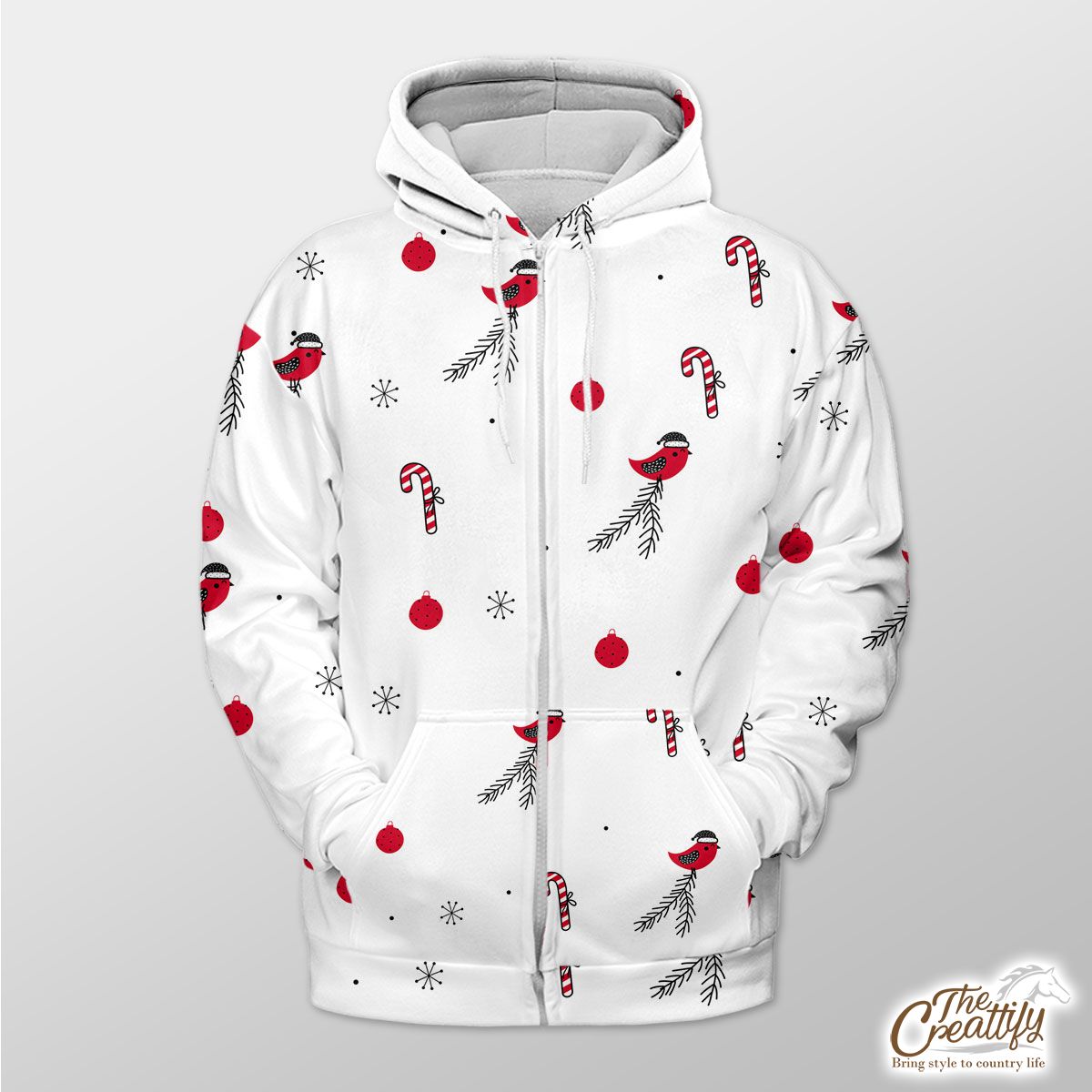 Cardinal Bird With Santa Hat, Candy Canes, Christmas Balls And Snowflake Clipart Seamless White Pattern Zip Hoodie